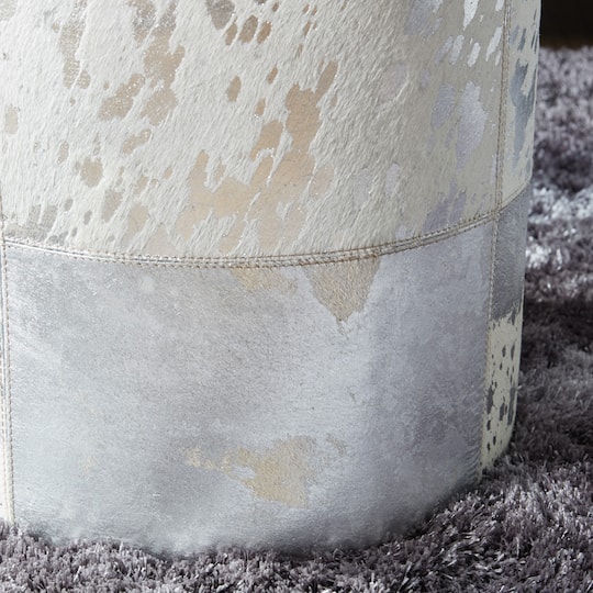 17" Silver & White Leather & Wood Glam Ottoman